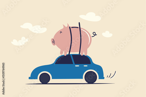 Saving money to buy new car, expense or budget for car maintenance service, debt or car loan concept, big cute pink piggybank money box on the roof of riding car.