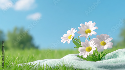 A serene scene featuring delicate daisies blossoming on a gentle grassy landscape under a clear blue sky.