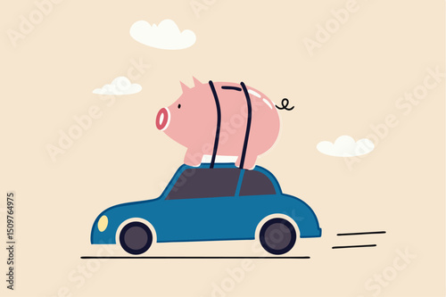 Saving money to buy new car, expense or budget for car maintenance service, debt or car loan concept, big cute pink piggybank money box on the roof of riding car.