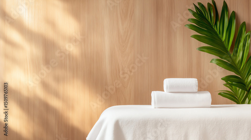 A serene spa setting featuring neatly stacked towels and a lush green plant against a warm wooden backdrop, promoting relaxation and well-being.