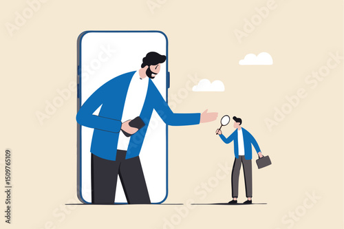 KYC, Know your customer process to identify user in online banking, cryptocurrency trading or cyber transaction concept, businessman using magnifying glass to analyze, identify user on smartphone app.