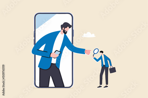 KYC, Know your customer process to identify user in online banking, cryptocurrency trading or cyber transaction concept, businessman using magnifying glass to analyze, identify user on smartphone app.