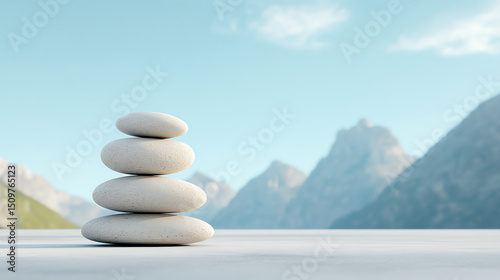 A serene stack of smooth stones symbolizing balance and tranquility against a backdrop of majestic mountains and clear skies.