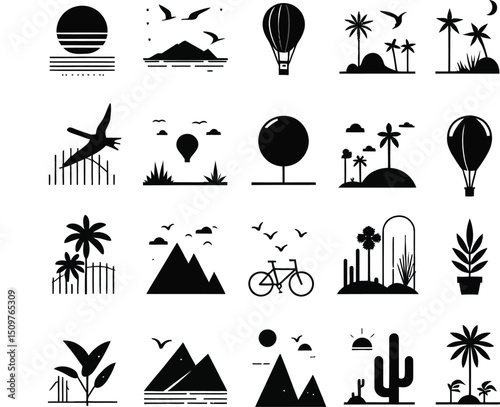 Beach vacation travel icon set with summer and sea symbols
