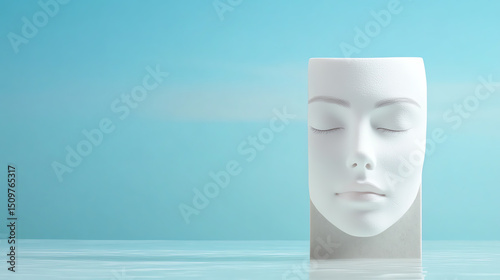 A serene white sculpture of a face, representing tranquility and clarity against a calming blue background.