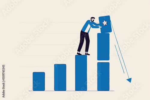 Increase investment profit, GDP rising up or growing business performance concept, success businessman standing on bar graph stacking huge amount of profit on top of this year bar graph.