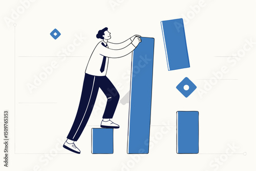 Increase investment profit, GDP rising up or growing business performance concept, success businessman standing on bar graph stacking huge amount of profit on top of this year bar graph.