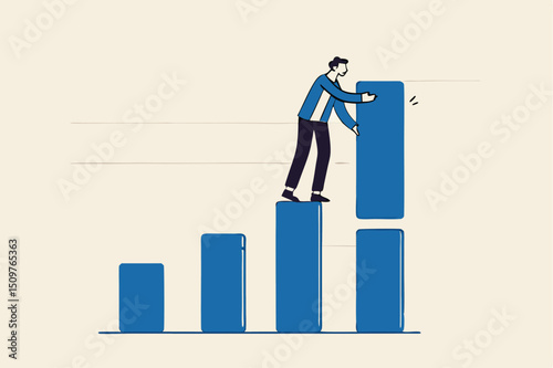 Increase investment profit, GDP rising up or growing business performance concept, success businessman standing on bar graph stacking huge amount of profit on top of this year bar graph.