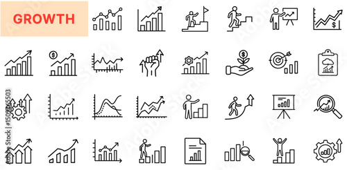 Business Growth and Success Line Icon Design Featuring Performance Charts, Upward Arrows, Financial Reports, Goal Achievement, Progress Tracking, Trend Analysis, Productivity Increase, and Strategic P