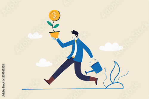 Investing in growth stock, entrepreneur growing business or profit from investment concept, happy businessman running holding growing plant with dollar money coin flower and watering can.