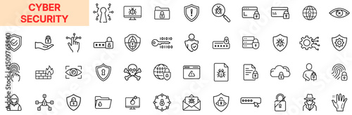 Cyber Security and Digital Protection Line Icon Design Featuring Passwords, Data Encryption, Firewalls, Network Safety, Malware Alerts, User Authentication, Privacy Shields, and Online Threat Preventi