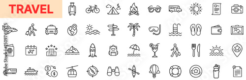 Travel and Vacation Essentials Line Icon Design Featuring Transportation, Beach Activities, Camping Gear, Navigation Symbols, Food and Drink, Adventure Tools, Holiday Planning, and Outdoor Exploration