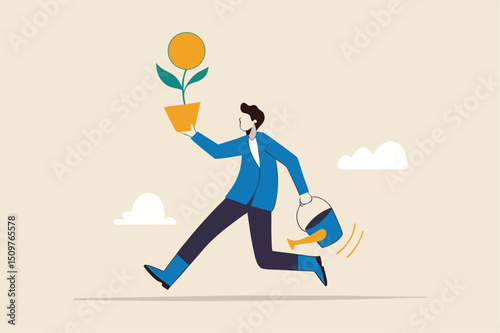 Investing in growth stock, entrepreneur growing business or profit from investment concept, happy businessman running holding growing plant with dollar money coin flower and watering can.