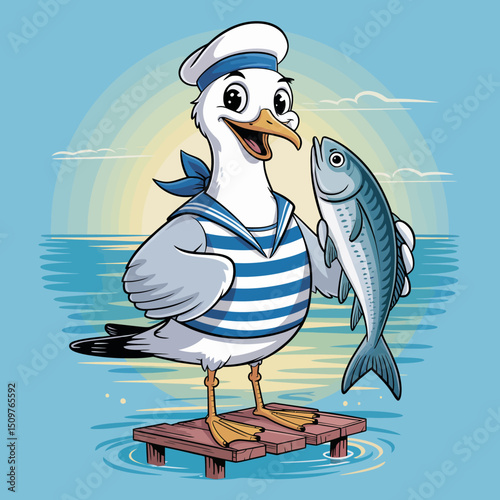 Seagull in Sailor Outfit on Pier