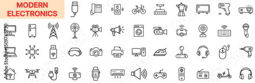Modern Electronics and Smart Devices Line Icon Design Featuring Audio Equipment, Kitchen Appliances, Wireless Gadgets, Smartwatches, Game Controllers, Streaming Devices, Home Automation, and Tech Acce
