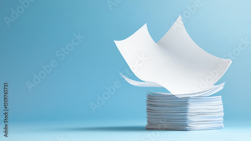 A stack of blank sheets of paper with a few loosely fluttering on top against a soft blue background.