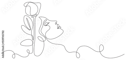 Trendy single line abstract woman face with flowers and leaves. Continuous line print for poster, logo and more