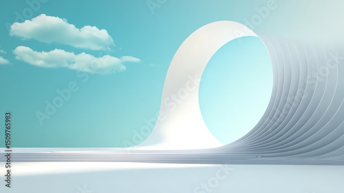A surreal, minimalist landscape featuring an abstract wave-like form against a serene blue sky with soft clouds.