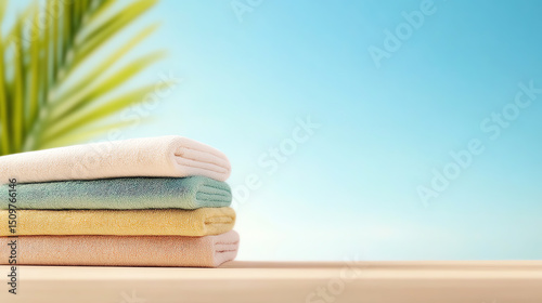 A tranquil scene featuring neatly stacked towels against a bright sky, evoking feelings of relaxation and summer bliss.