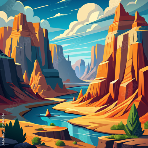 Majestic Canyon River Landscape. Breathtaking View of Desert Mountains and Winding River