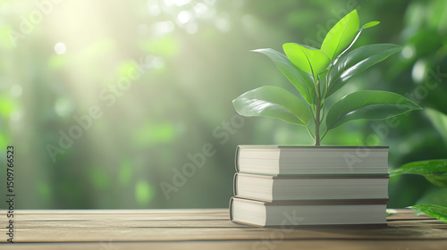 A vibrant green plant sprouts from a stack of books, symbolizing growth and learning in a serene, sunlit setting.