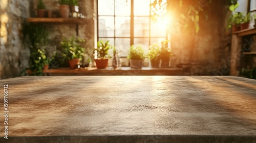 Empty wooden table in front of sunny window, plants