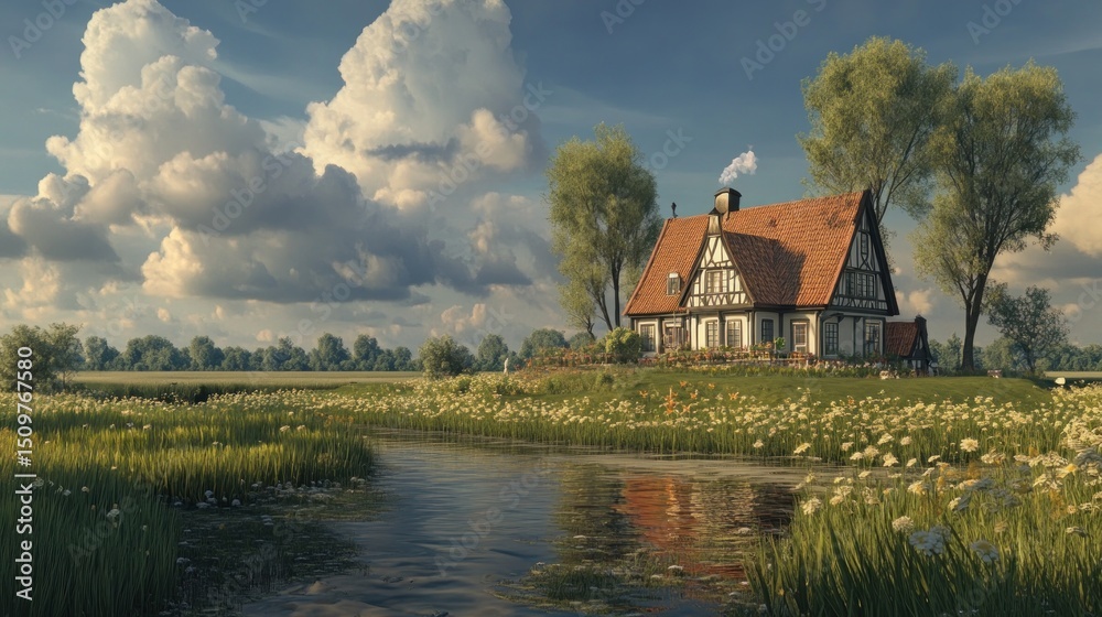 Obraz premium Rustic cottage by a meandering stream. Peaceful countryside scene