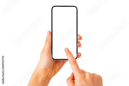 Person holding mobile phone in hand, blank white screen mockup