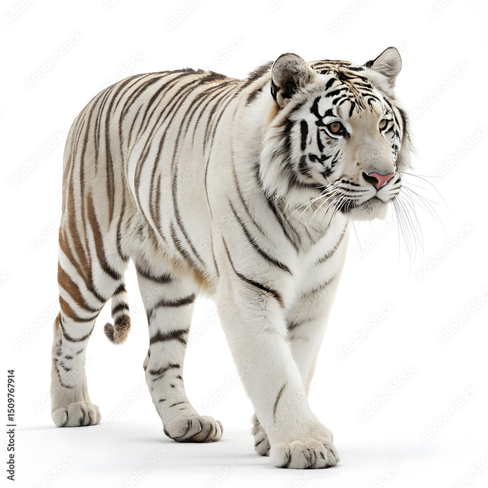 Fototapeta premium A sleek full-body Bengal tiger walking slowly with a poised and graceful posture.