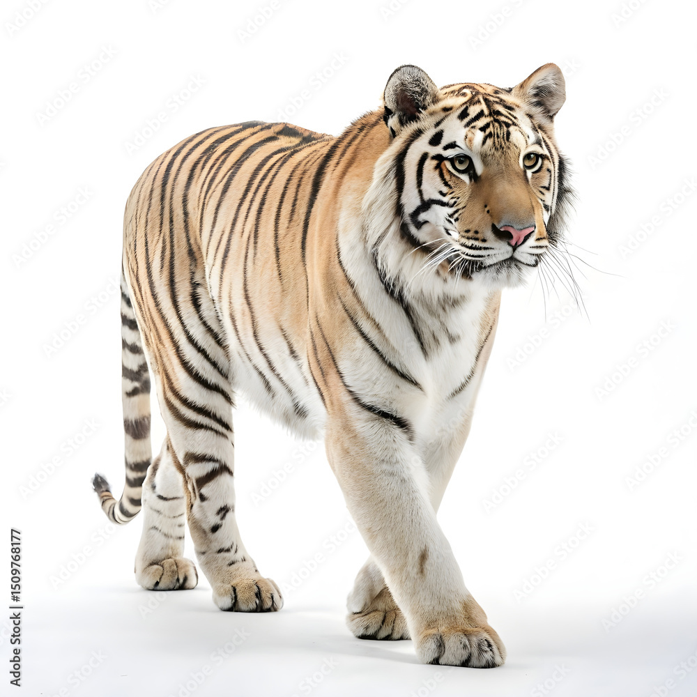 Fototapeta premium A sleek full-body Bengal tiger walking slowly with a poised and graceful posture.