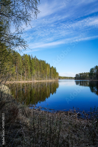 Calm landscape with a lake and reflections on the water