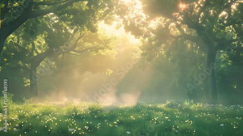 Enchanted forest with sunlight filtering through the trees.