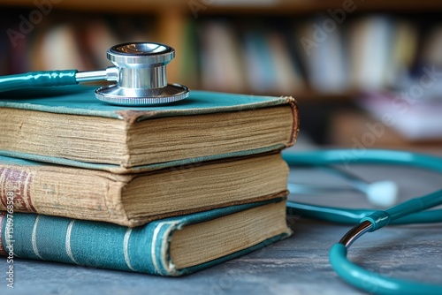 abstract medical concept featuring a stack of books and a stethoscope, symbolizing healthcare education and research, Generative AI