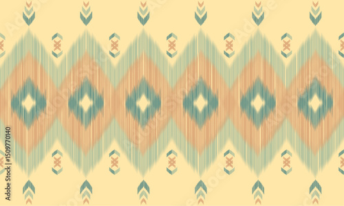 Ikat patterns combine warm pastel tones such as light brown, green and blue. The vertically stacked diamonds create a soft movement, reflecting local culture and craftsmanship in a contemporary style.