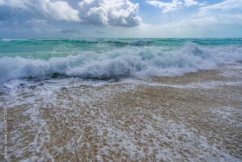 Fototapeta Naklejka Na Ścianę i Meble -  Sea waves background. Summer tourism. Ocean water motion. Ocean splash wave background. Deep blue sea beach. Turquoise wave. Dreamy exotic sea beach. Beautiful sea beach waves.