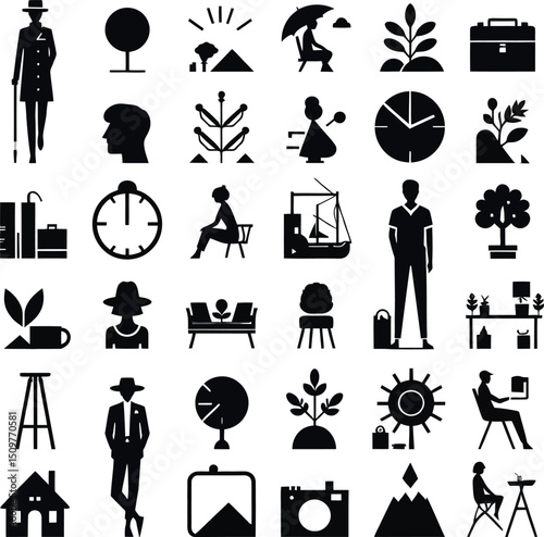 Business icons set with black silhouettes representing people travel wedding and symbols