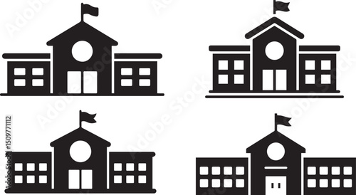 School Building Silhouette Icons – Education Institute Black Vector Set on white background.