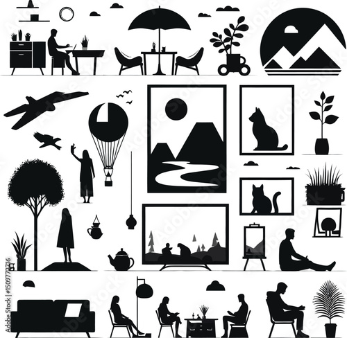 Beach vector icon set with black silhouettes for travel and design