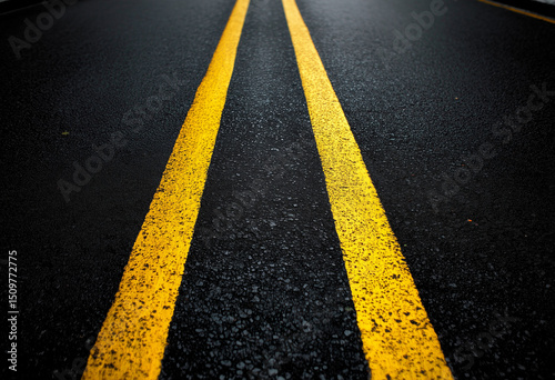 Double Yellow Lines Road Markings on Asphalt Surface in Street Scene photo
