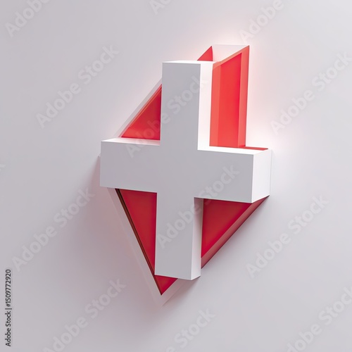 Shiny Red Plus Sign 3D Isometric Icon on White Base