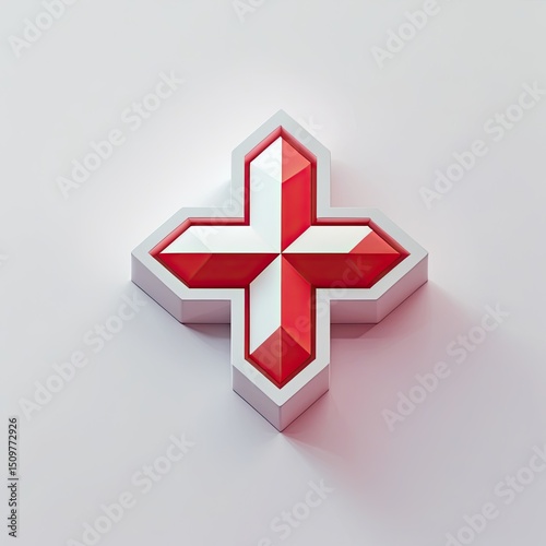 Shiny Red Plus Sign 3D Isometric Icon on White Base