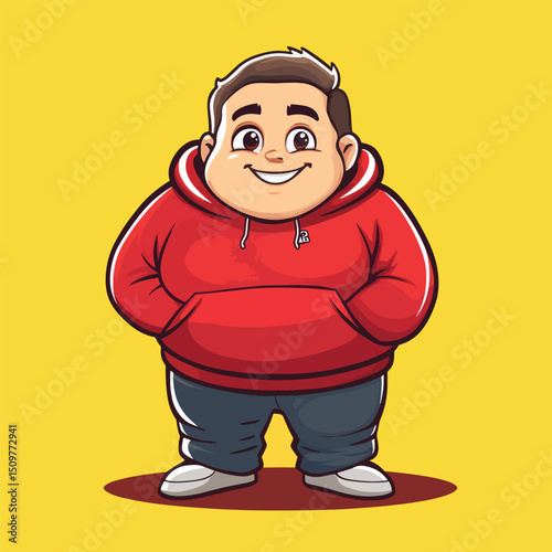Cheerful Cartoon Character in Red Hoodie with Hands in Pockets Smiling