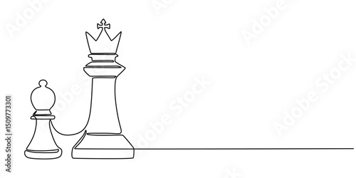 Queen and King of chess in continuous one line drawing. Single line art illustration of one chess checkmate concept. Editable vector, Hand drawn pawn and queen chess piece vector. One line continuous