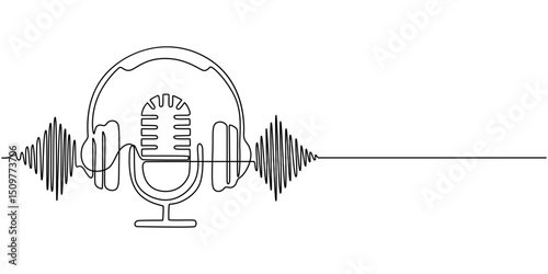 Retro microphone and headphones radio podcast concept simple continuous one line drawing  . Transparent background png file, Continuous one single line drawing Retro microphone and headphone speaker.