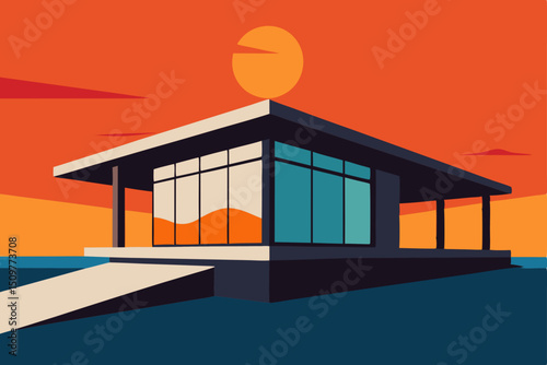 Modern mid-century house, minimalist architecture, sunset background, vector illustration, home design