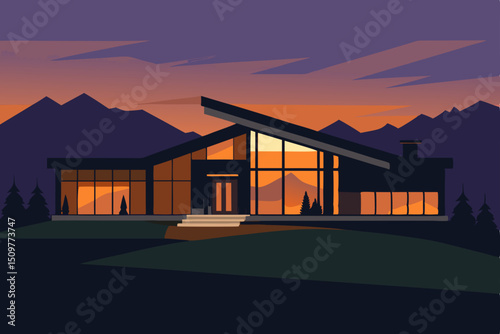 Modern house, mountain view, orange sunset, vector illustration, home exterior, landscape