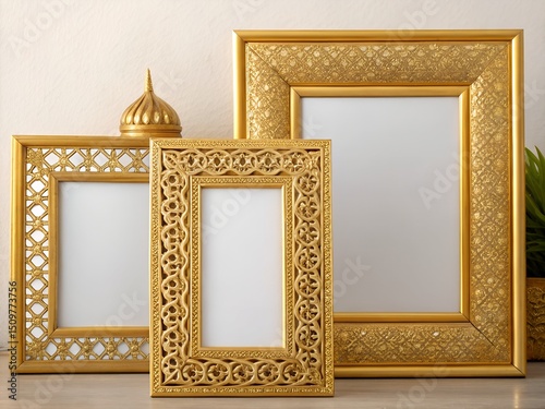 Collection of golden frames in oriental style. Islamic frame, arabesque border, morocco shapes, indian ornament. Shiny luxury decorative element for certificate, stamp, vignette. Vector illustration