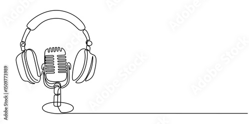Retro microphone and headphones radio podcast concept simple continuous one line drawing  . Transparent background png file, Continuous one single line drawing Retro microphone and headphone speaker.