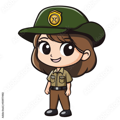 Cheerful Cartoon Character in Uniform with a Green Hat