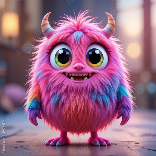 Colorful Furry Cartoon Monster with Big Rainbow Eyes – Cute Fantasy Character Illustration